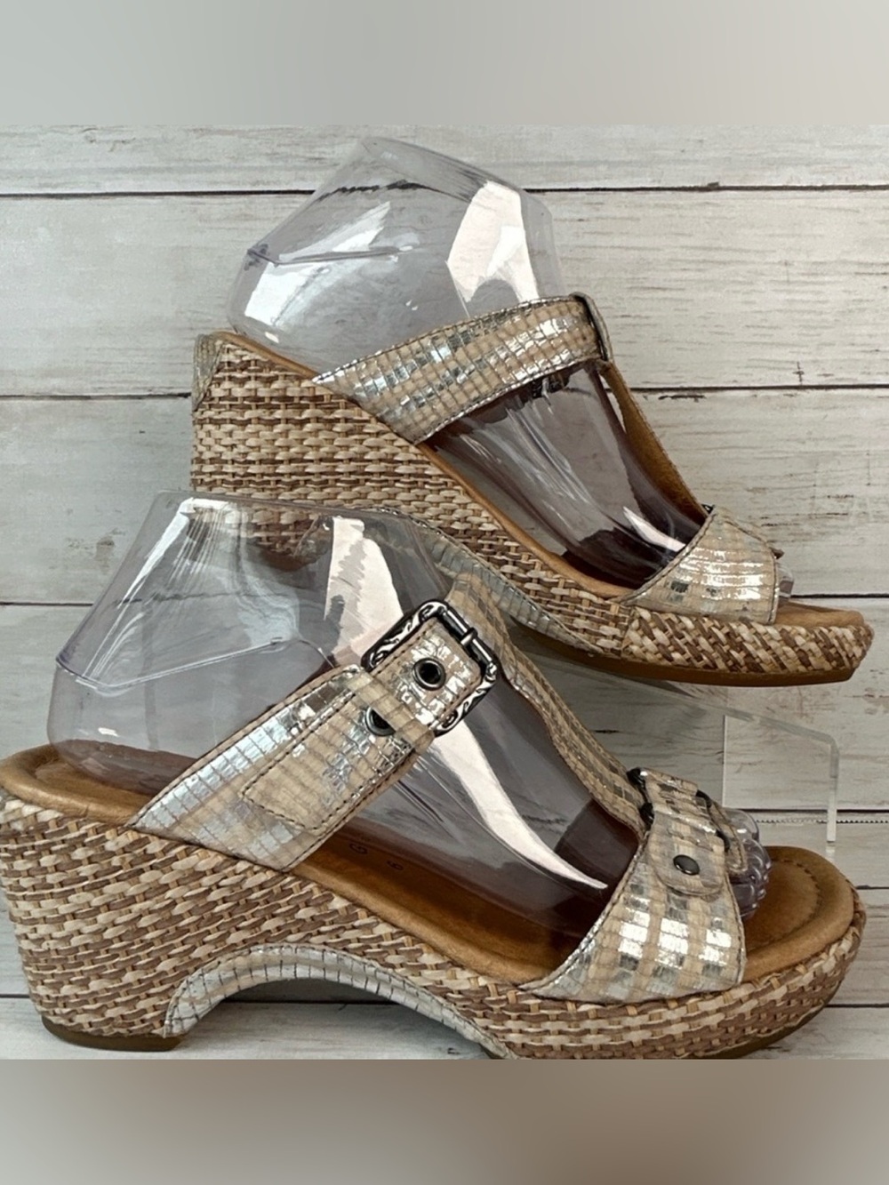 Gabor Slide Sandal Womens 8.5M Silver/Beige Leather Woven Buckle Straps Slip Ons